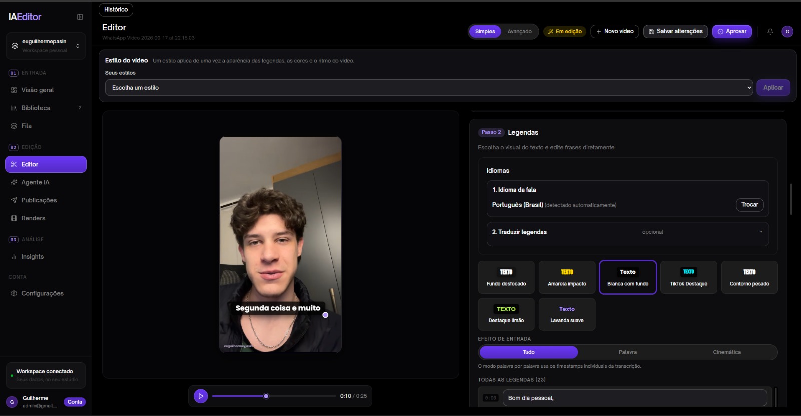 Modo simples do IA Editor com estilos de legenda e preview do vídeo